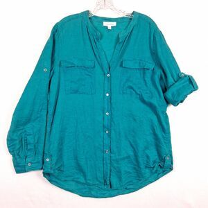 Calvin Klein Womens Linen Shirt Large Teal Roll Tab Resort Lagenlook Capsule